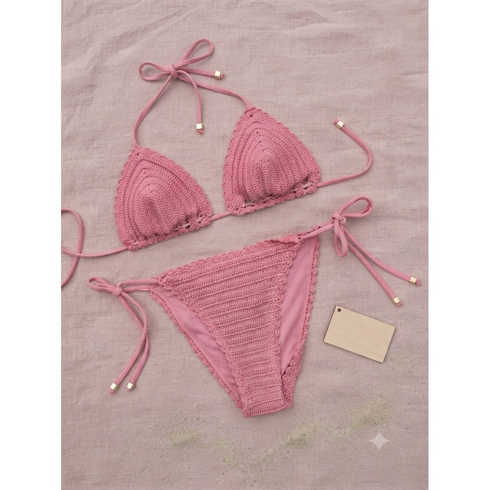 Chelsea & Violet Bikini Set Women S/M Pink Crochet Boho Triangle Side Tie Swim